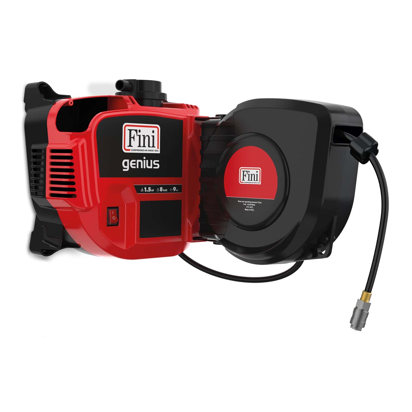 Genius Compressore coassiale oilless con arrotolatore per hobbisti e professionisti.