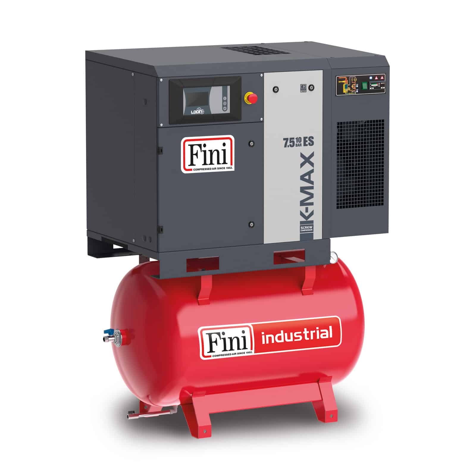 K-MAX 7.5-10-270 ES Screw compressor with direct drive transmission, complete with tank and dryer.