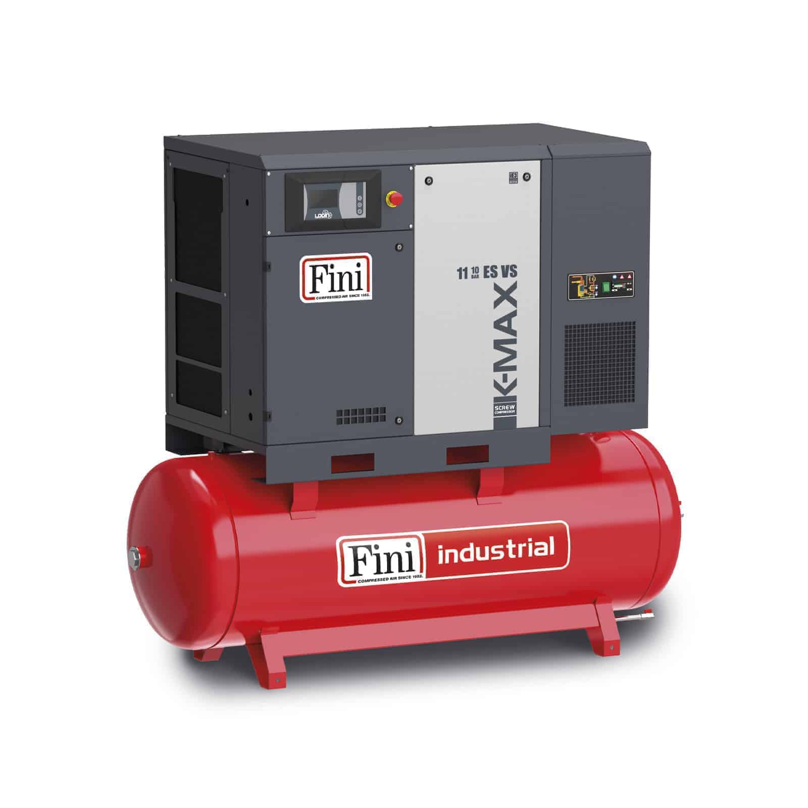 K-MAX 11-10-500 ES VS Screw compressor with direct drive transmission, complete with tank and dryer.