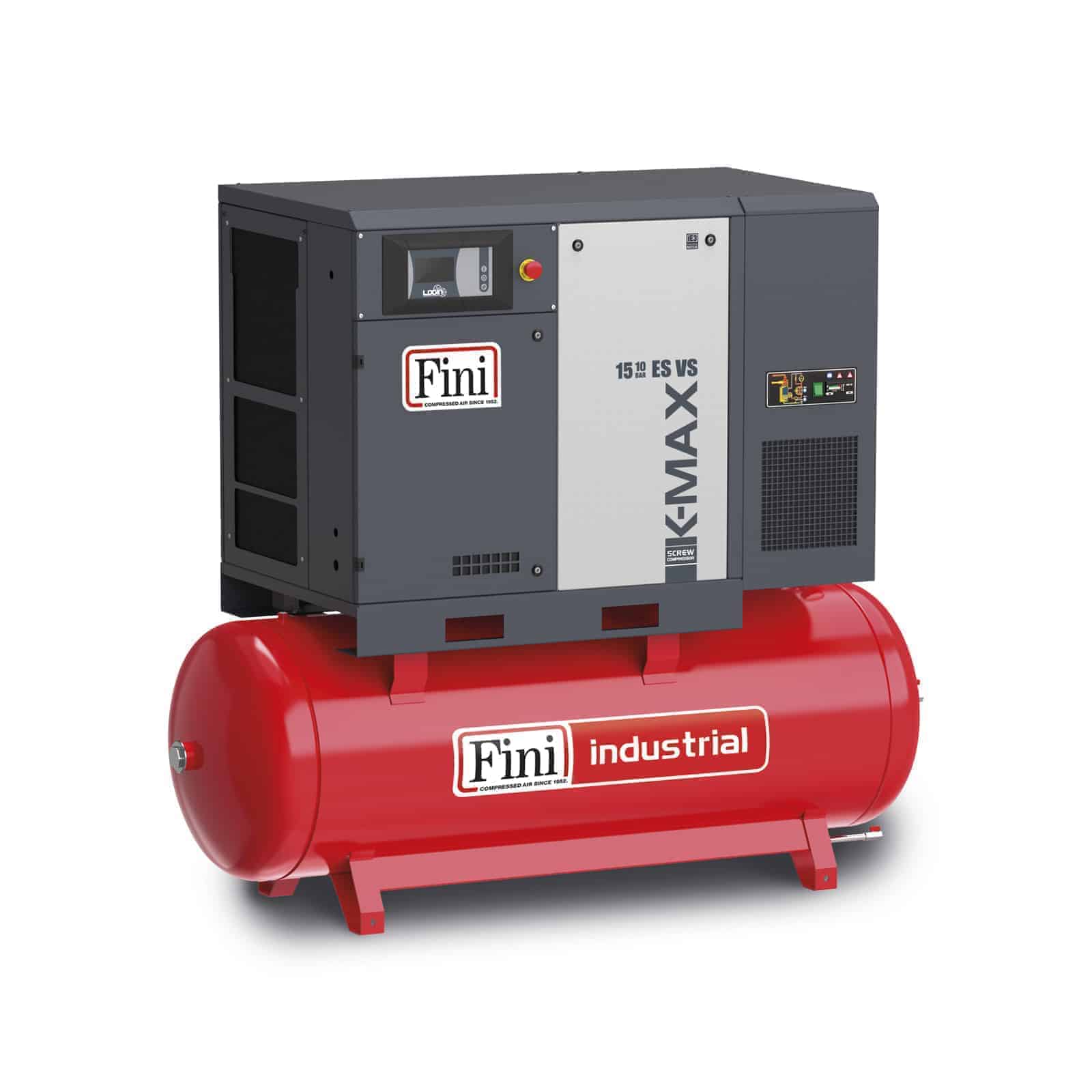 K-MAX 15-13-500 ES VS Lubricated screw compressor with direct drive transmission, complete with tank and dryer.