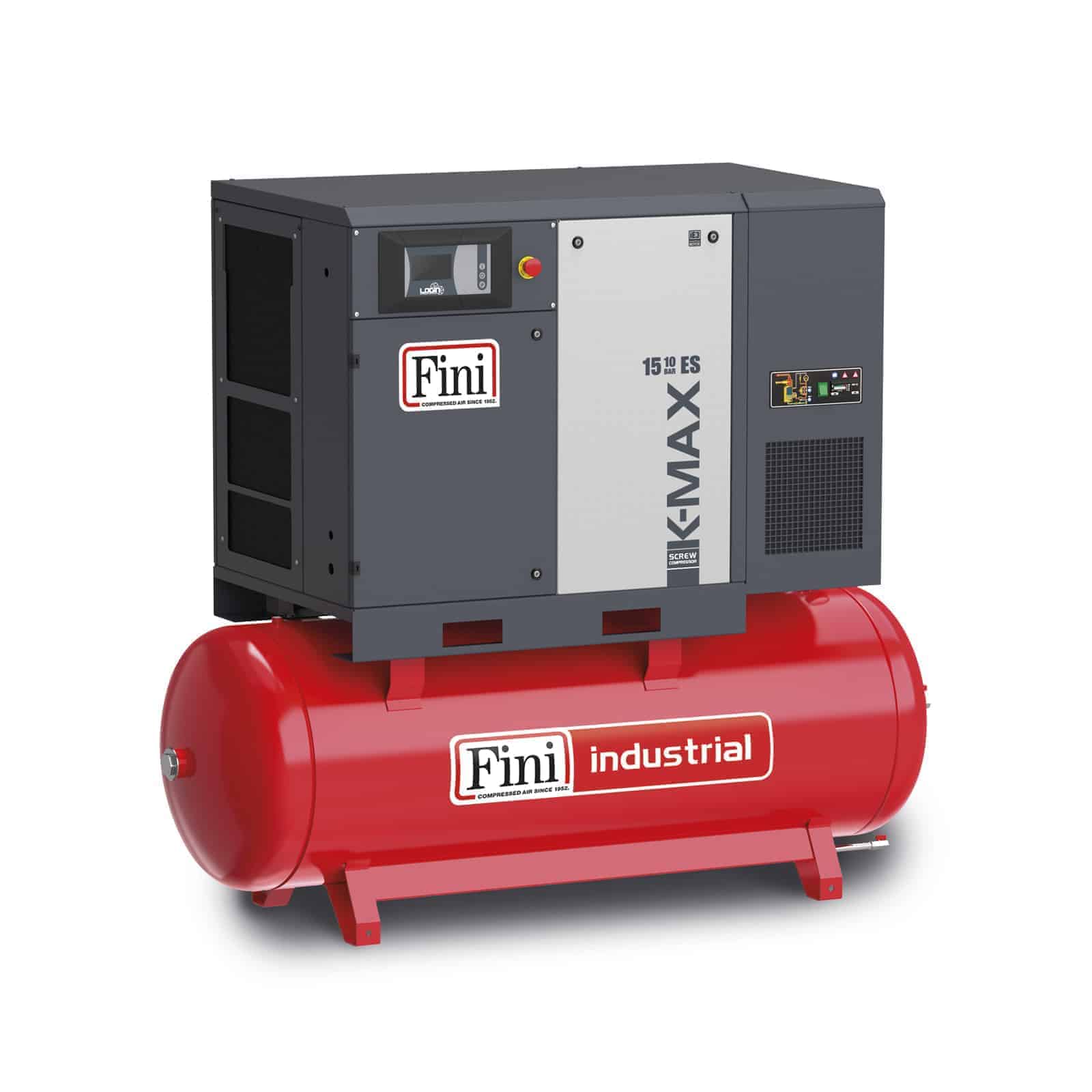 K-MAX 15-10-500 ES Compressore a vite con trasmissione diretta, completo di serbatoio ed essiccatore.