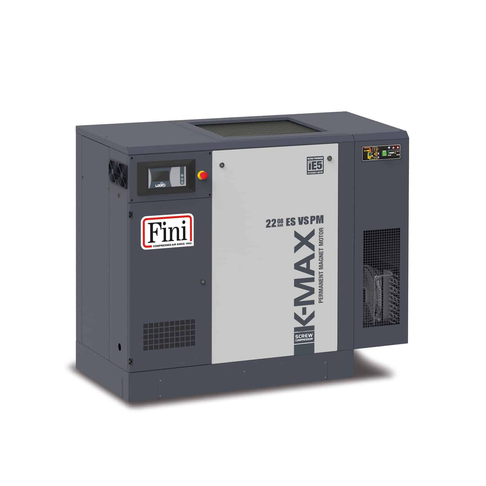 K-MAX 22-08 ES VS PM Screw compressor with direct drive transmission and permanent magnet motor with inverter.