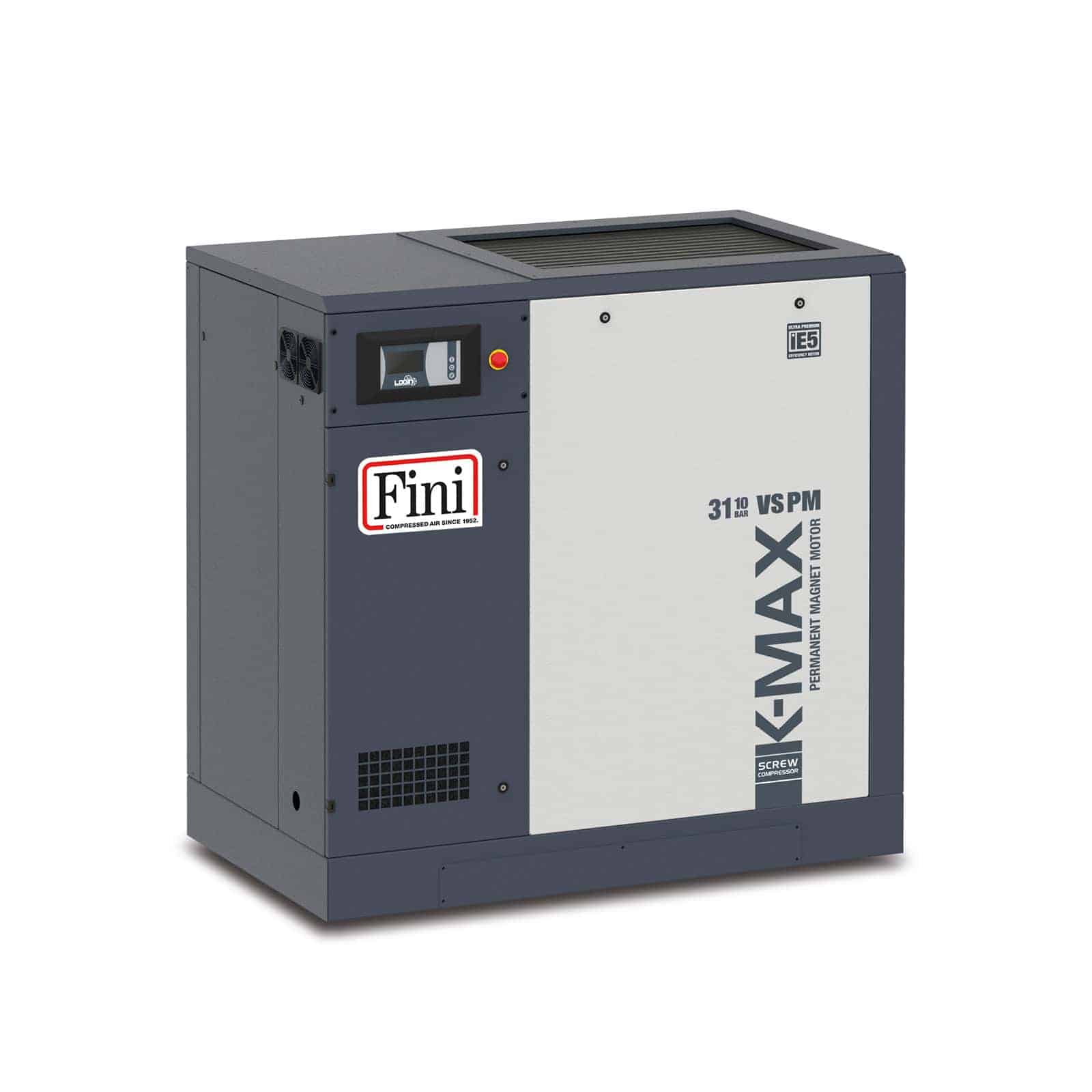 K-MAX 31-10 VS PM Screw compressor with direct drive transmission and permanent magnet motor with inverter.