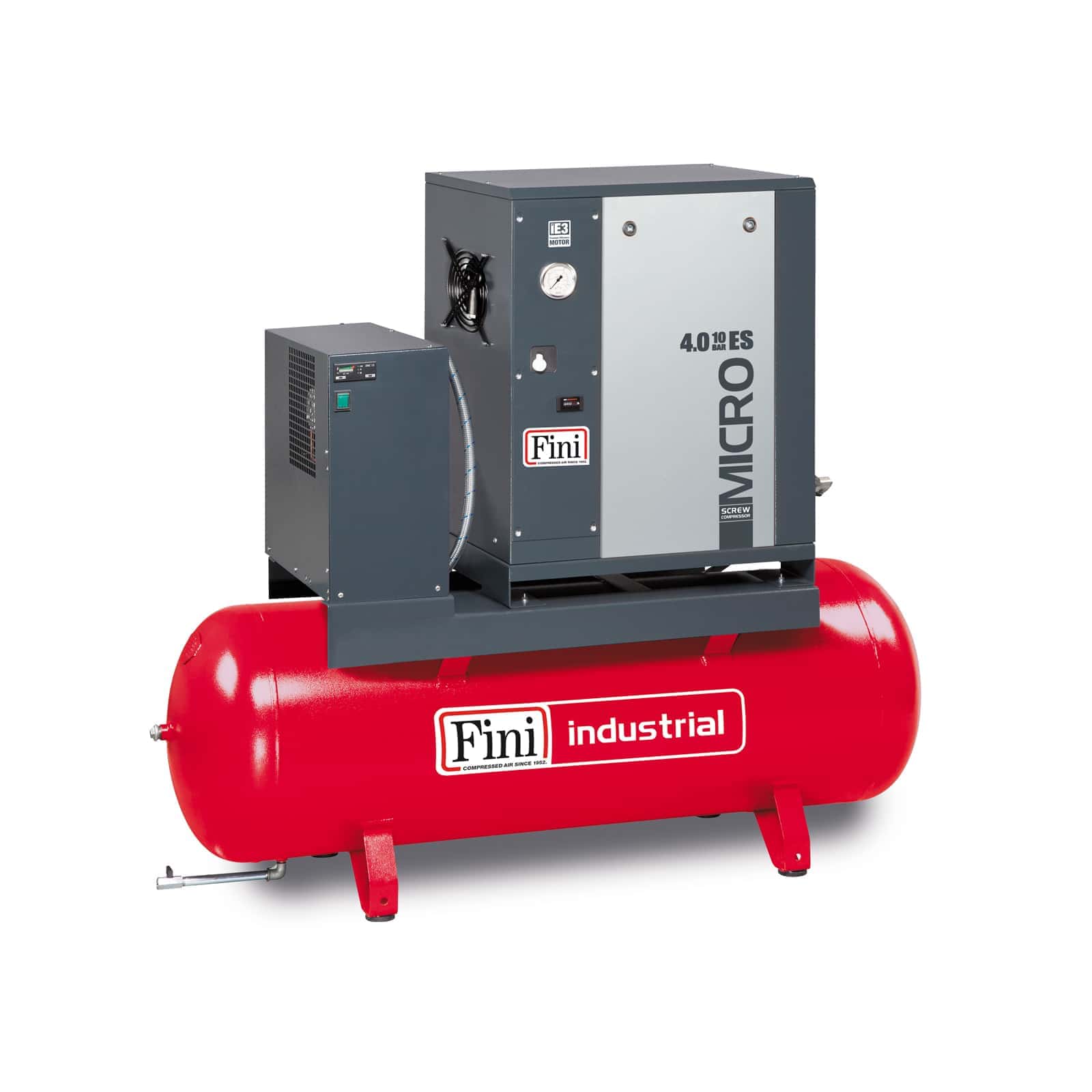 MICRO SE 4.0-08-200 ES Compressore a vite con trasmissione a cinghia, completo di serbatoio ed essiccatore.