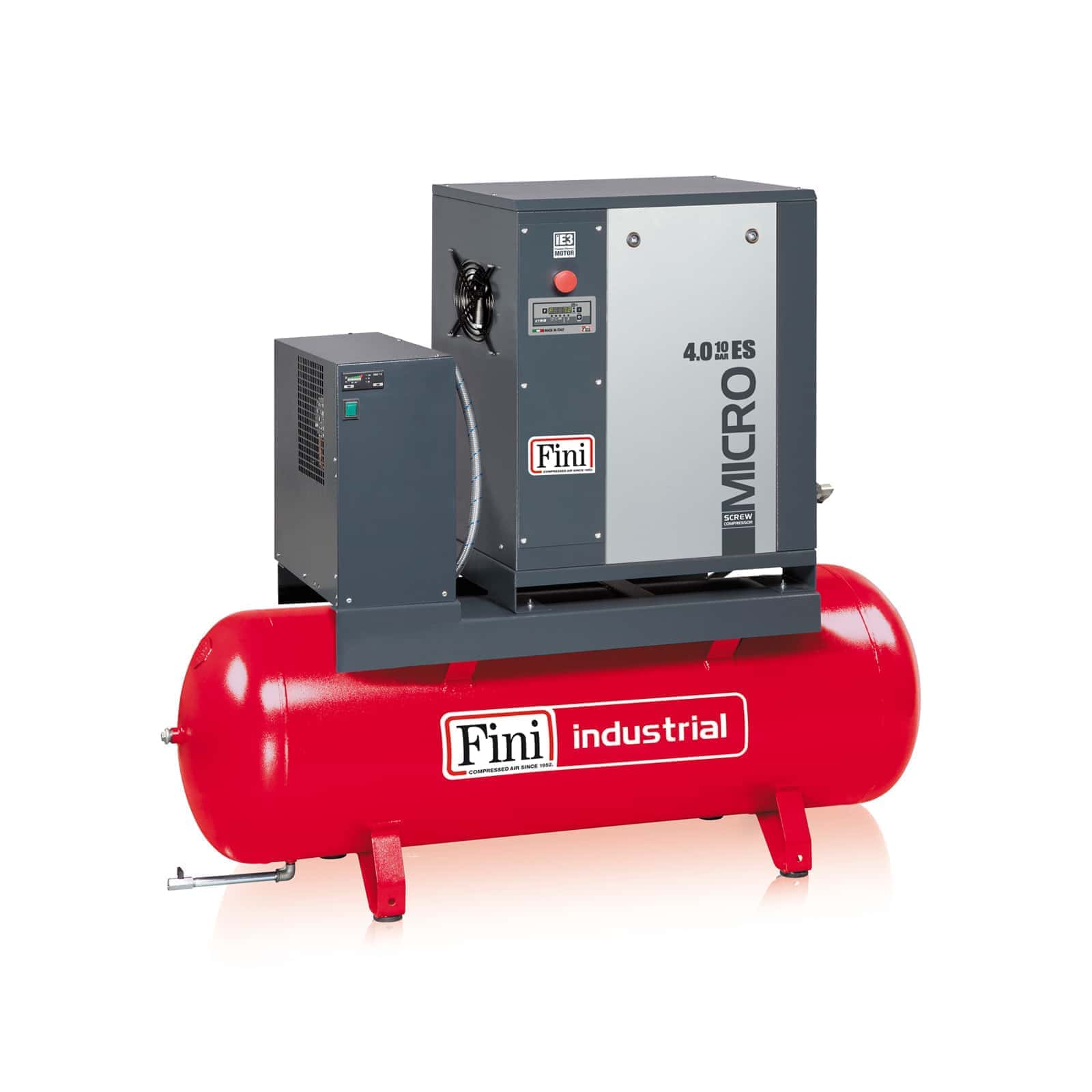 MICRO 4.0-08-200 ES Screw compressor with belt transmission, complete with tank and dryer.