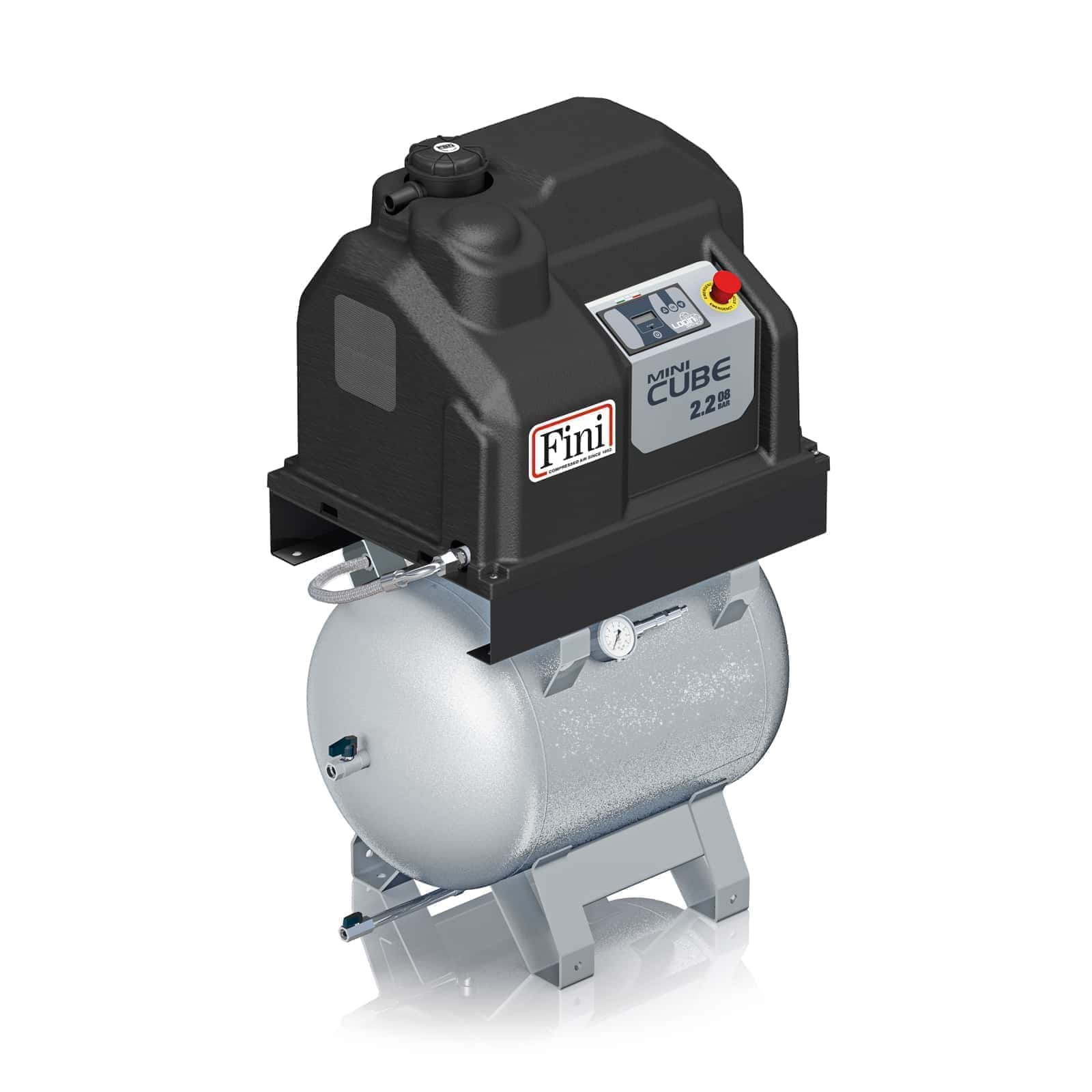 MiniCUBE 2.2-10-90z The smallest and most compact direct drive transmission screw compressor, complete with tank.