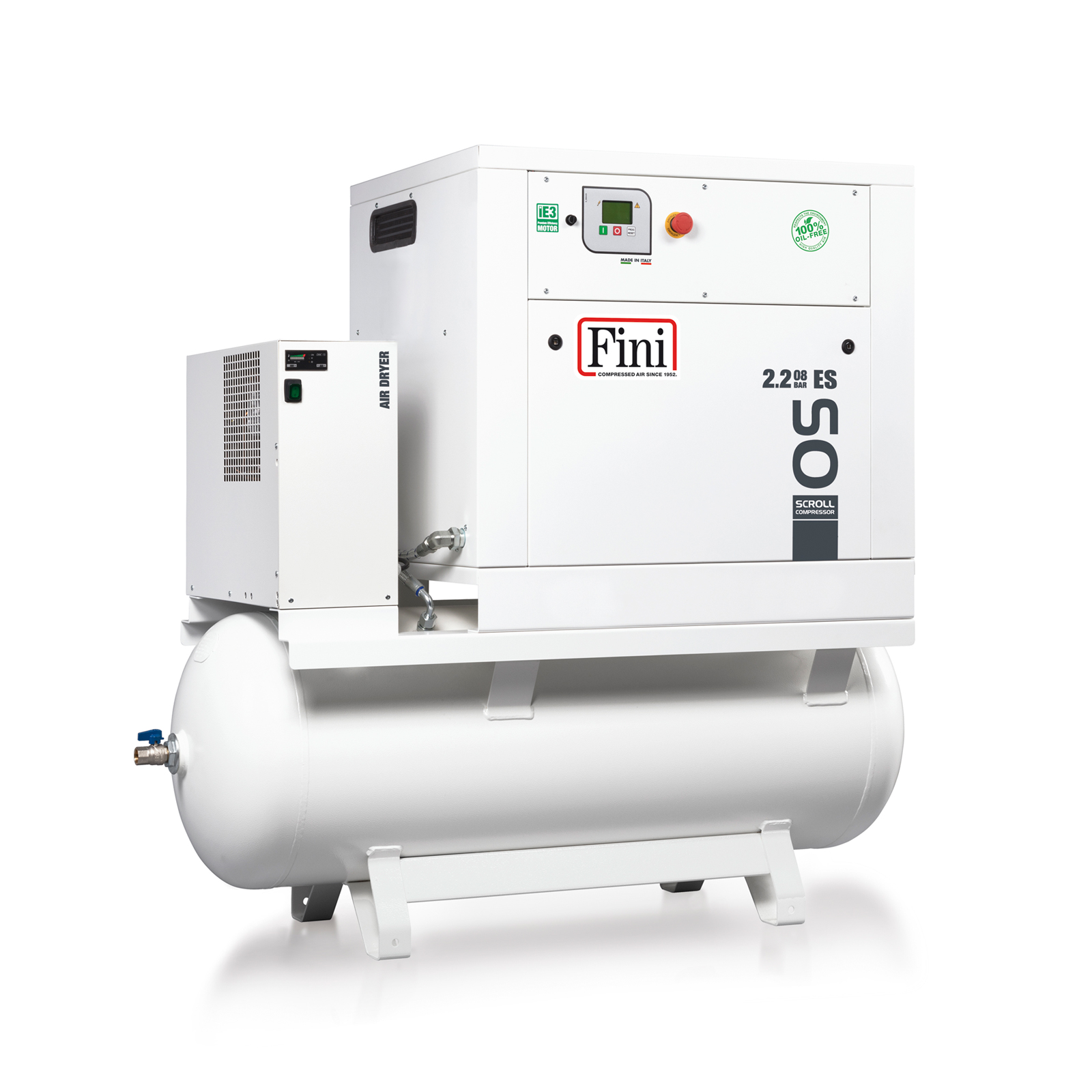 OS 2.2-08-270 ES Compressore senza olio con tecnologia a spirale Scroll, completo di serbatoio ed essiccatore.