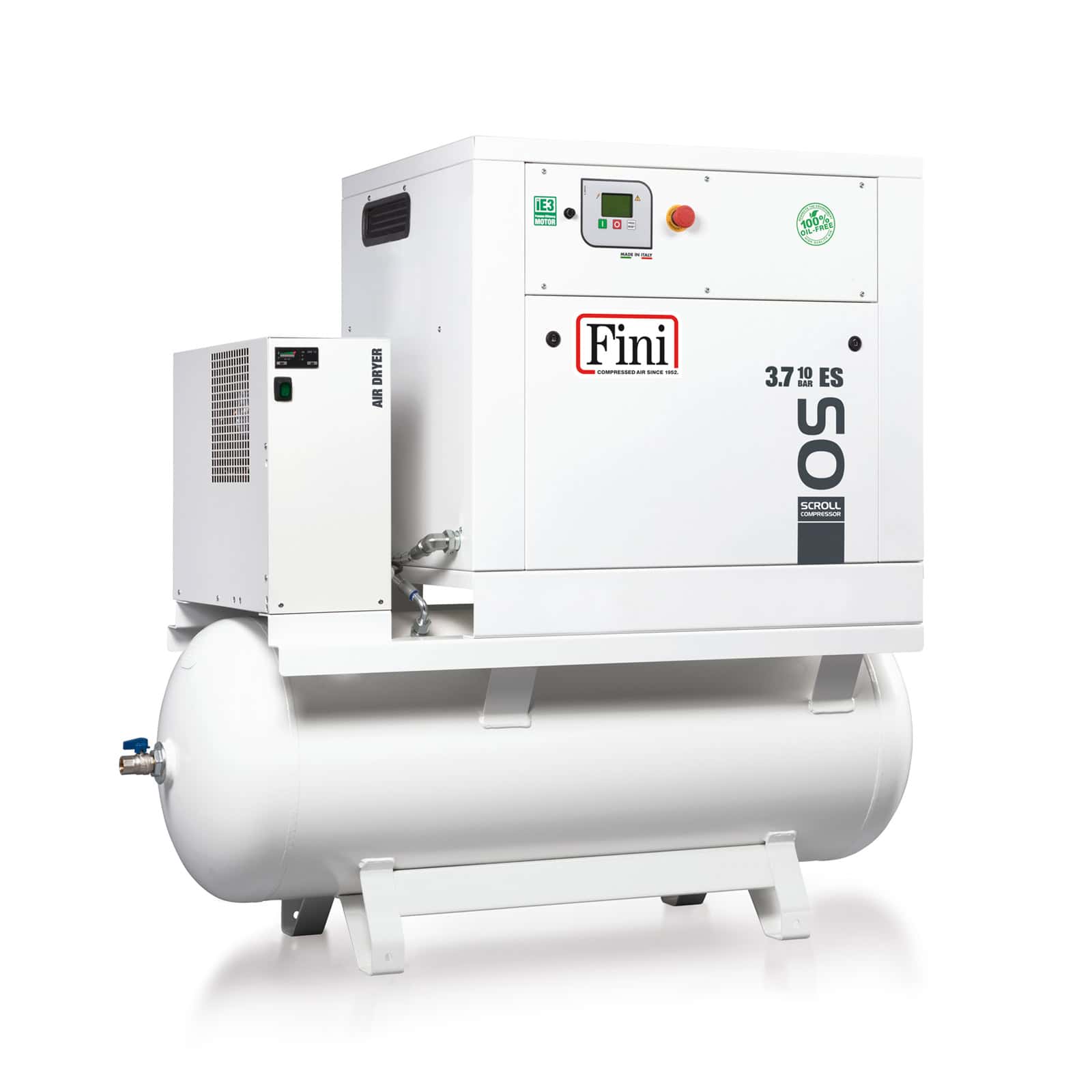 OS 3.7-08-270 ES Oil-free compressor with spiral Scroll technology, complete with tank and dryer.