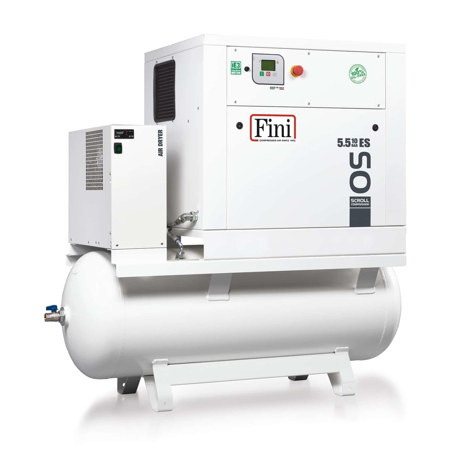 OS 5.5-10-270 ES Oil-free compressor with spiral Scroll technology, complete with tank and dryer.
