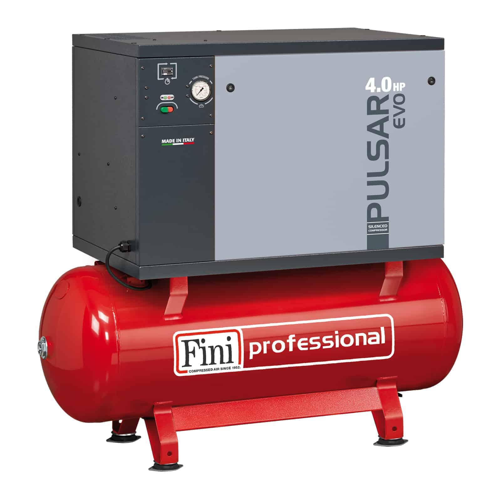 Pulsar Evo BK113-270-4 Compressore silenziato professionale a cinghia bistadio, completo di serbatoio.