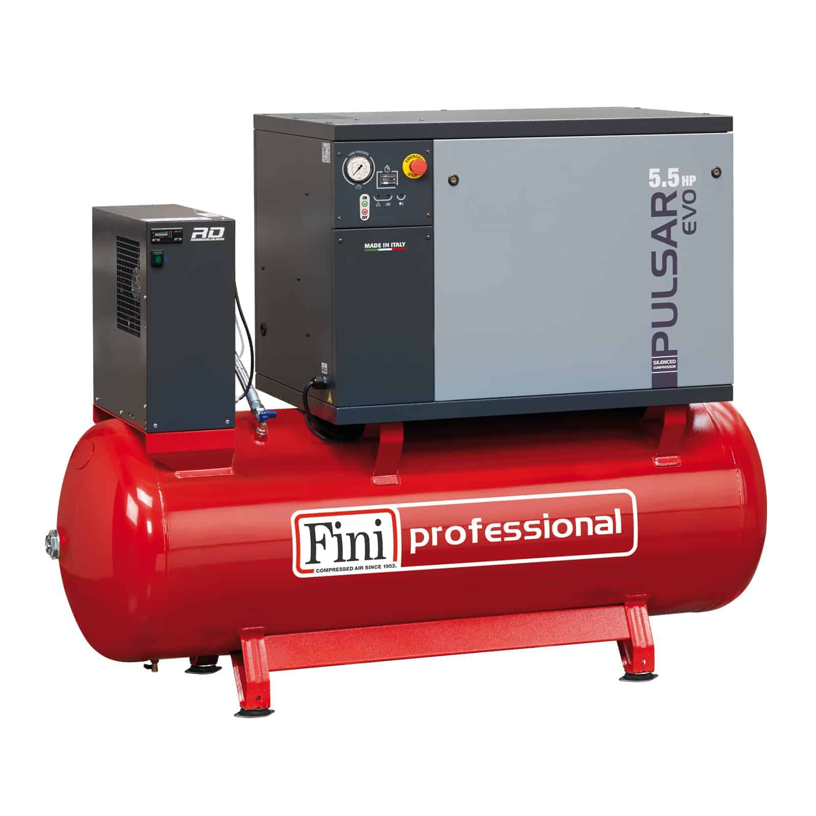 Pulsar Evo BK119-500-5,5-SD-ES Compressore silenziato professionale a cinghia bistadio, completo di serbatoio ed essiccatore.