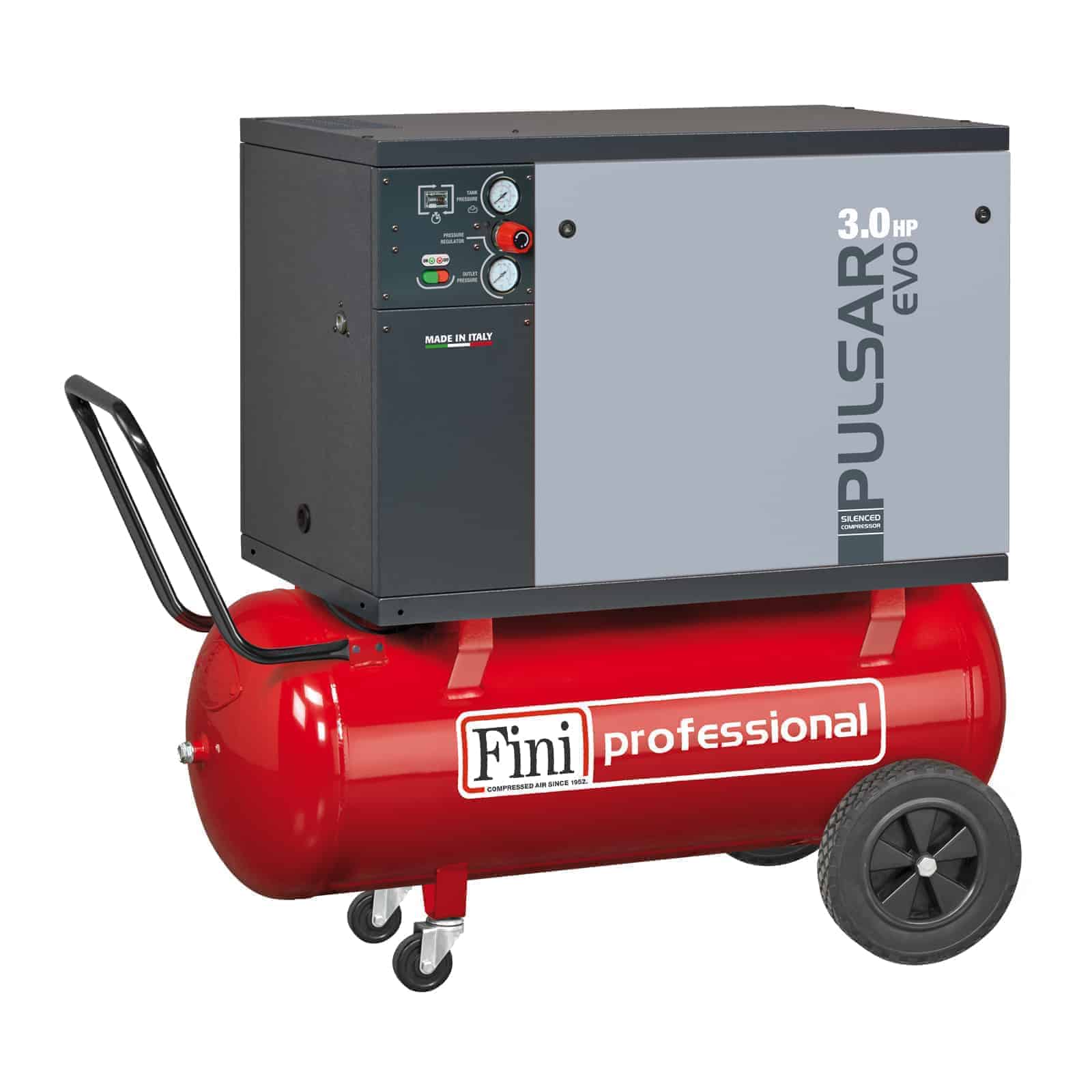 Pulsar Evo MK103-100-3M Compressore silenziato professionale a cinghia monostadio, completo di serbatoio.