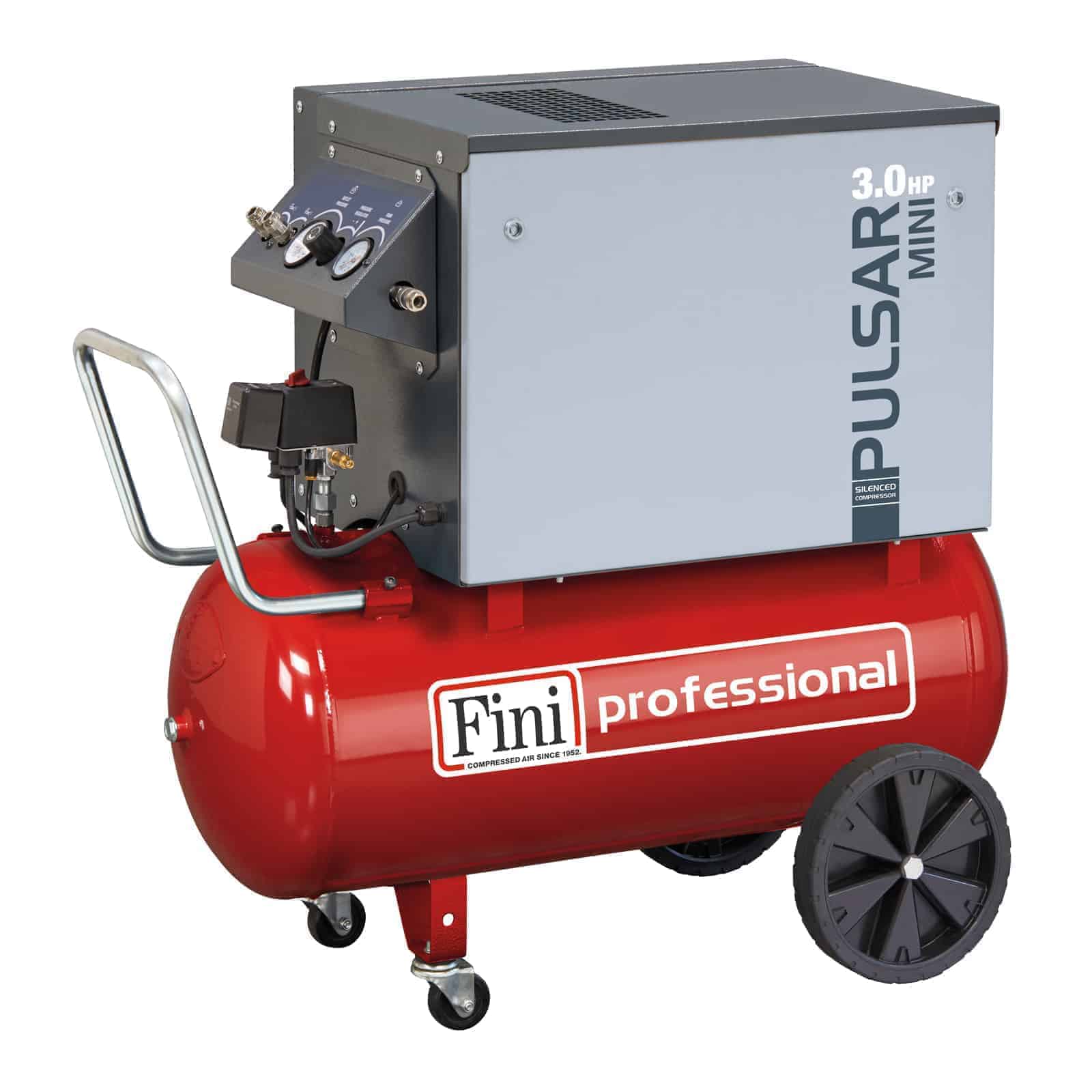 Pulsar Mini MK103-100-3T Compressore silenziato professionale a cinghia monostadio, completo di serbatoio.